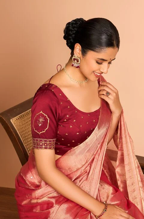 Maroon Embroidered Silk Blouse – Maroon & Beige